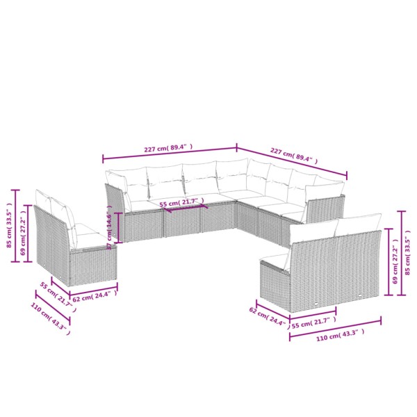 Set de sofás de jardín 11 pzas y cojines ratán sintético gris