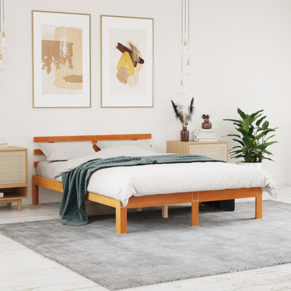 Estructura cama con cabecero madera pino marrón cera 140x200 cm