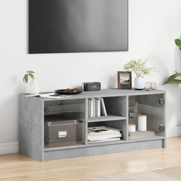 Mueble de TV con puertas de vidrio gris hormigón 102x37x42 cm