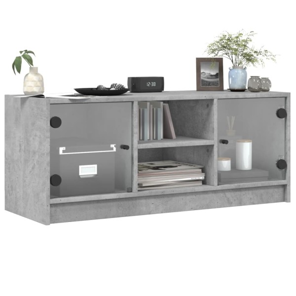 Mueble de TV con puertas de vidrio gris hormigón 102x37x42 cm