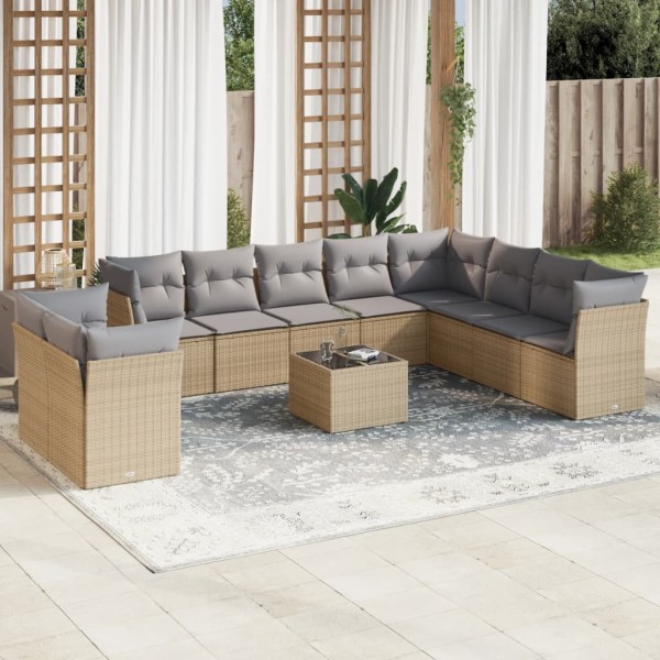 Set de sofás de jardín 11pzas con cojines ratán sintético beige