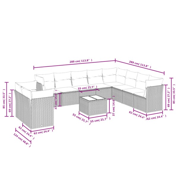 Set de sofás de jardín 11pzas con cojines ratán sintético beige