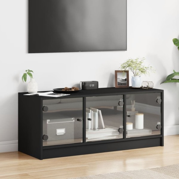 Mueble de TV con puertas de vidrio negro 102x37x42 cm