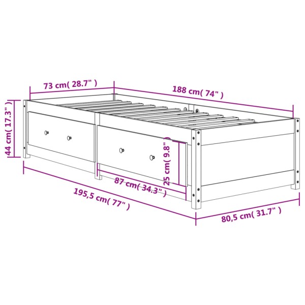 Sofá cama de madera maciza de pino marrón cera 75x190 cm