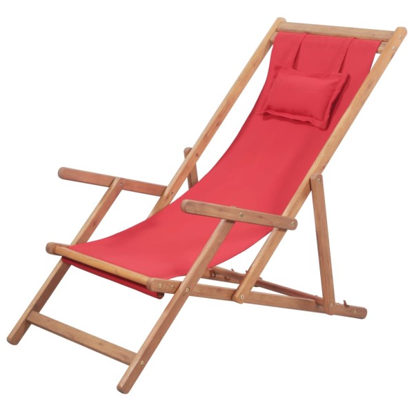 Silla de playa plegable de tela y estructura de madera roja