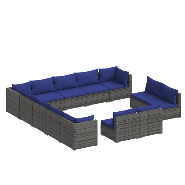 Set muebles de jardín 13 piezas y cojines ratán sintético gris