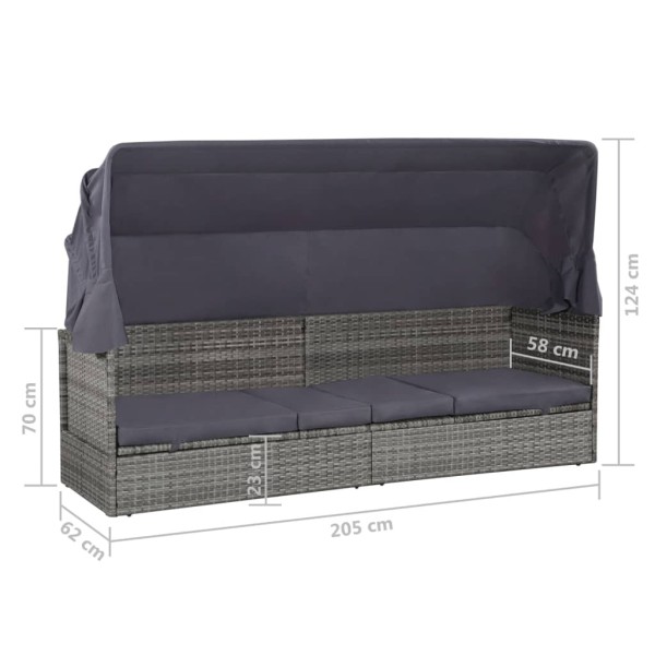 Cama de jardín con toldo 205x62 cm ratán sintético gris