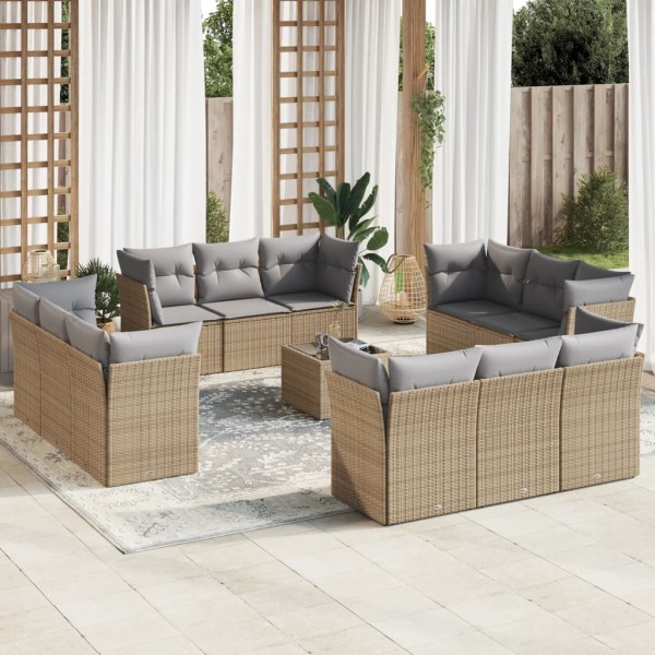 Set sofás de jardín con cojines 13 pzas ratán sintético beige