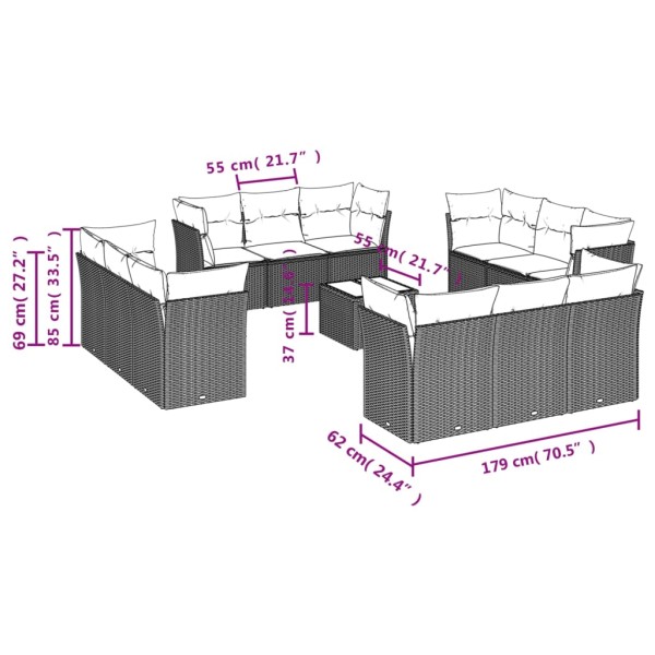 Set sofás de jardín con cojines 13 pzas ratán sintético beige