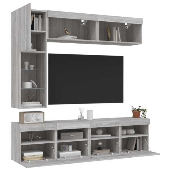 Muebles de TV de pared con luces LED 7 piezas gris sonoma