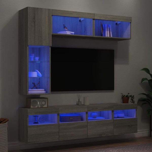 Muebles de TV de pared con luces LED 7 piezas gris sonoma