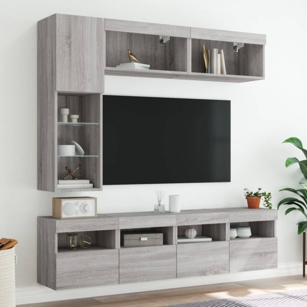 Muebles de TV de pared con luces LED 7 piezas gris sonoma