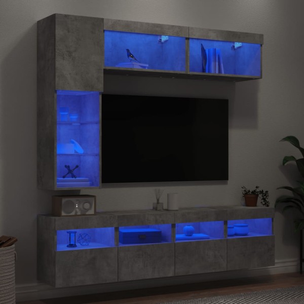 Muebles de TV de pared con luces LED 7 piezas gris hormigón