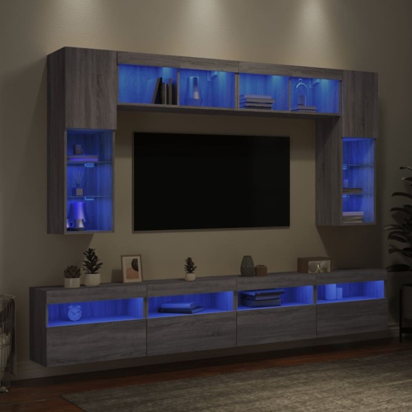 Muebles de TV de pared con luces LED 8 piezas gris sonoma