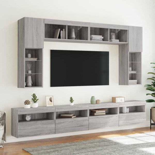 Muebles de TV de pared con luces LED 8 piezas gris sonoma