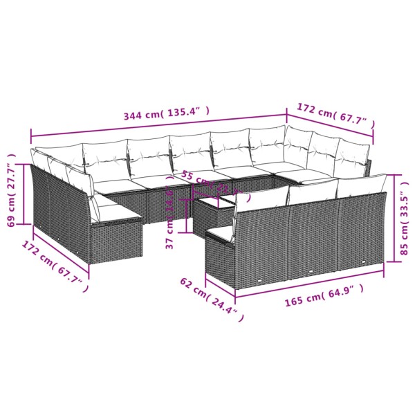 Set sofás de jardín 14 pzas con cojines ratán sintético beige