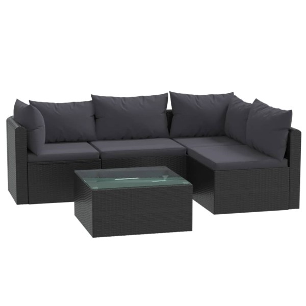 Set muebles de jardín 5 piezas y cojines ratán sintético negro