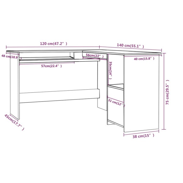 Escritorio forma de L madera contrachapada gris 120x140x75 cm