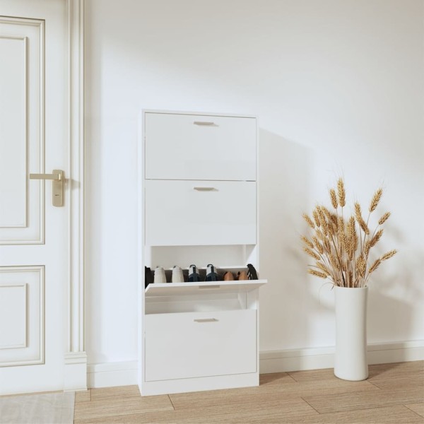 Mueble zapatero madera contrachapada blanco brillo 59x17x150 cm