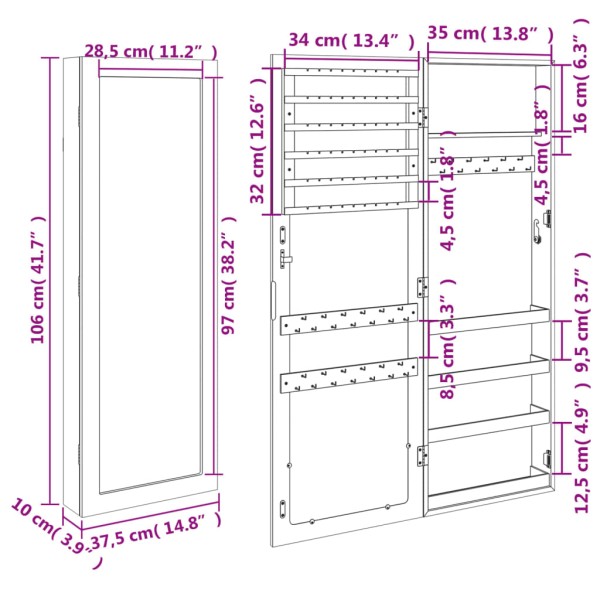 Espejo con joyero de pared blanco 37,5x10x106 cm