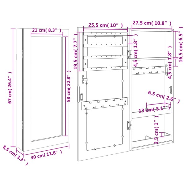 Espejo con joyero de pared blanco 30x8,5x67 cm