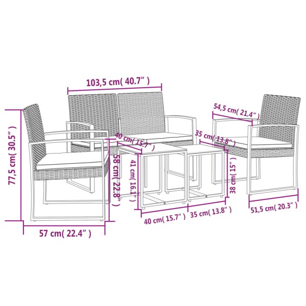 Set comedor de jardín 5 pzas y cojines PP aspecto ratán marrón