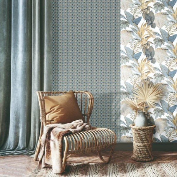 Noordwand Papel de pared Topchic Big Leaves azul y beige