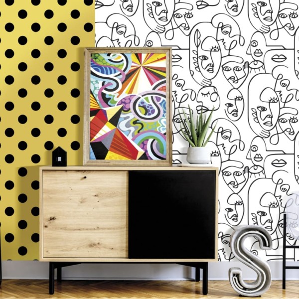 Noordwand Papel pintado Friends&Coffee Line Art Faces blanco y negro