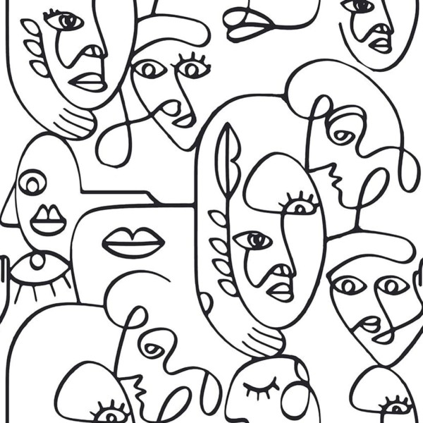 Noordwand Papel pintado Friends&Coffee Line Art Faces blanco y negro