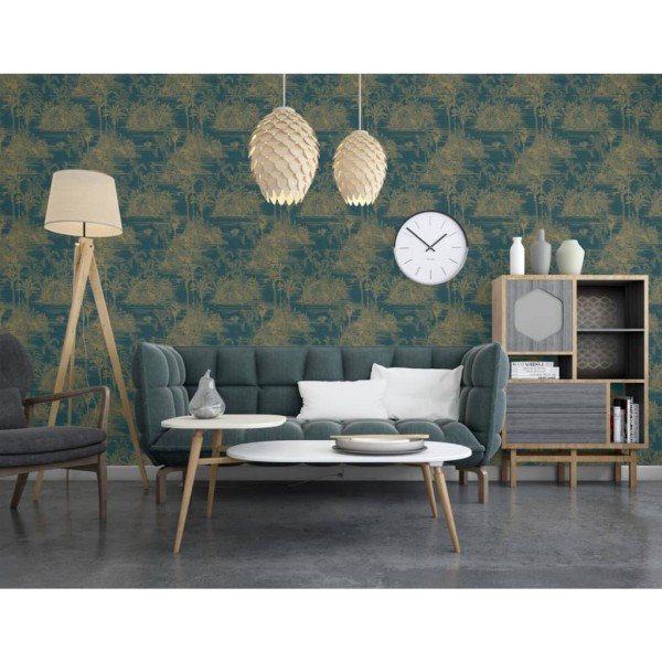 DUTCH WALLCOVERINGS Papel pintado Tropical azul oscuro y dorado