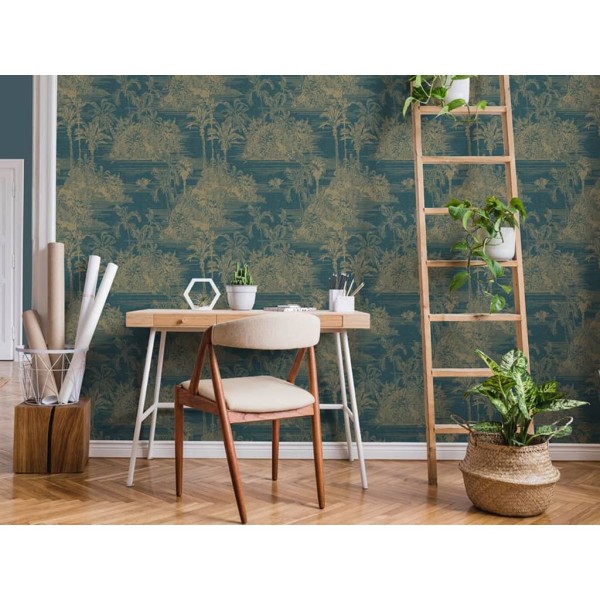 DUTCH WALLCOVERINGS Papel pintado Tropical azul oscuro y dorado