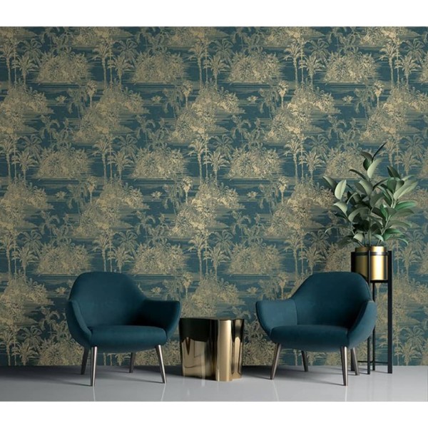 DUTCH WALLCOVERINGS Papel pintado Tropical azul oscuro y dorado