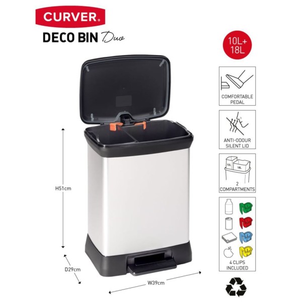 Curver Papelera doble de pedal Deco plateado 10L+18L