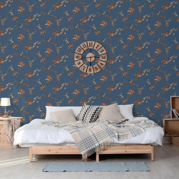 DUTCH WALLCOVERINGS Papel pintado Flower azul oscuro y bronce