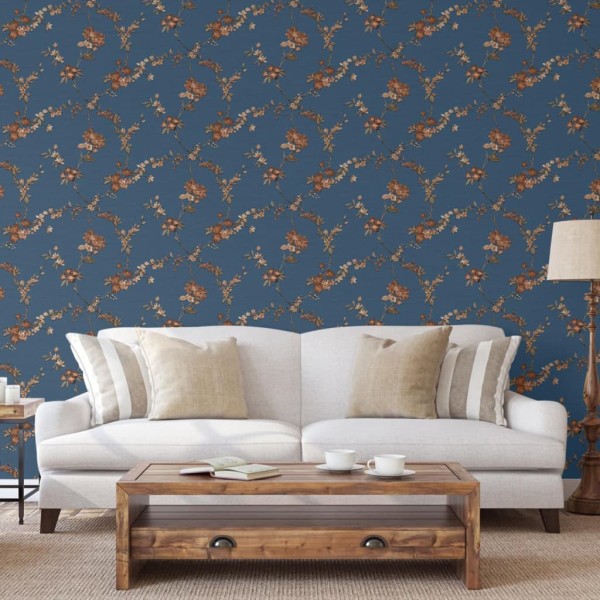 DUTCH WALLCOVERINGS Papel pintado Flower azul oscuro y bronce