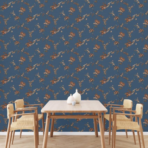 DUTCH WALLCOVERINGS Papel pintado Flower azul oscuro y bronce