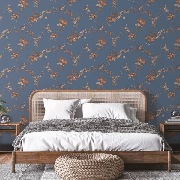 DUTCH WALLCOVERINGS Papel pintado Flower azul oscuro y bronce