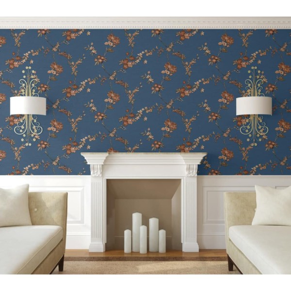 DUTCH WALLCOVERINGS Papel pintado Flower azul oscuro y bronce