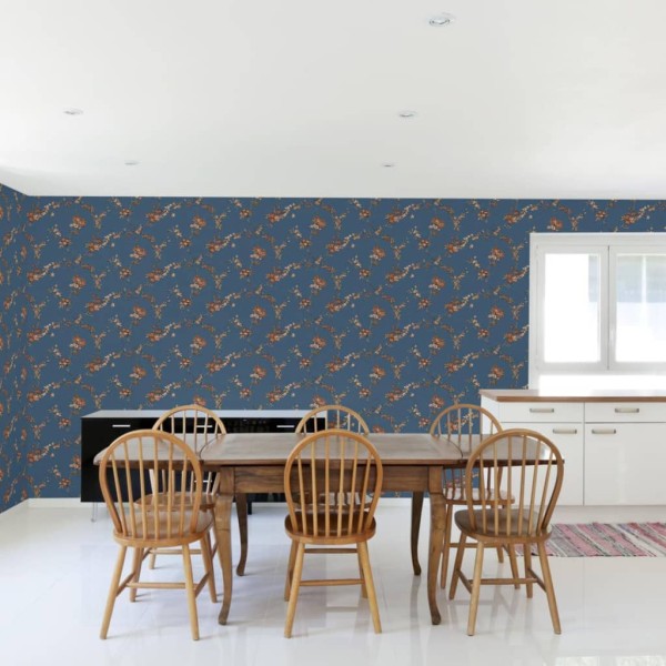 DUTCH WALLCOVERINGS Papel pintado Flower azul oscuro y bronce