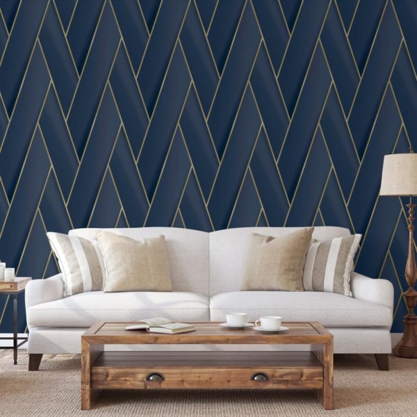 DUTCH WALLCOVERINGS Papel pintado Geometric azul y dorado