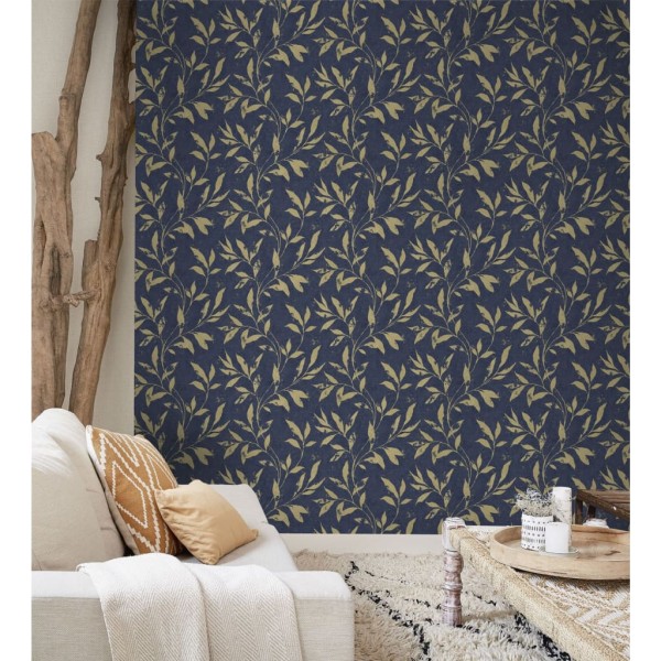 DUTCH WALLCOVERINGS Papel pintado Leafs azul y dorado