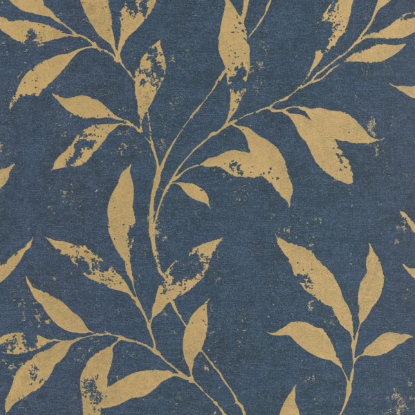 DUTCH WALLCOVERINGS Papel pintado Leafs azul y dorado