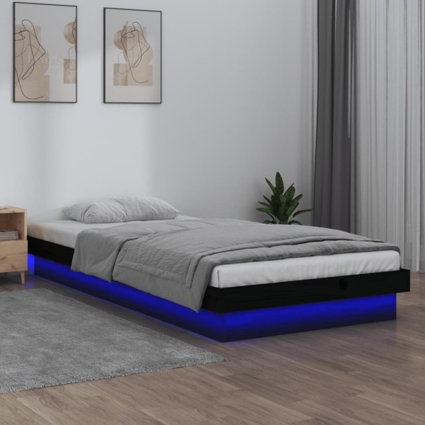 Estructura de cama con LED de madera maciza negra 90x190 cm