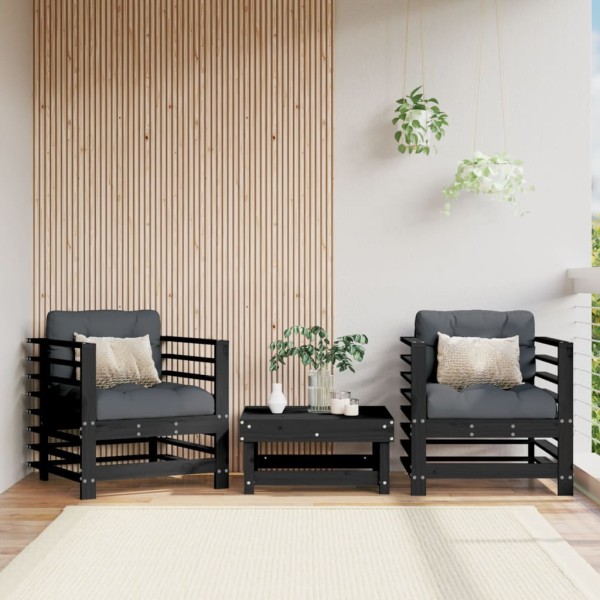 Sillones de jardín con cojines 2 uds madera maciza pino negro