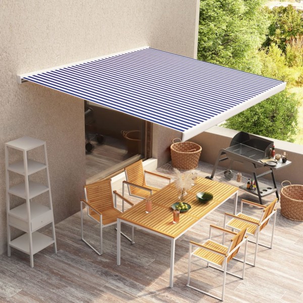 Toldo de carrete motorizado azul y blanco 300x250 cm