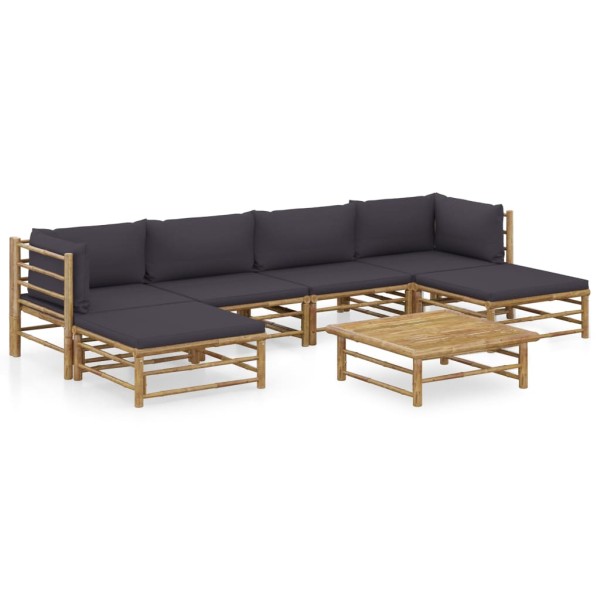 Set de muebles de jardín 7 piezas bambú con cojines gris oscuro