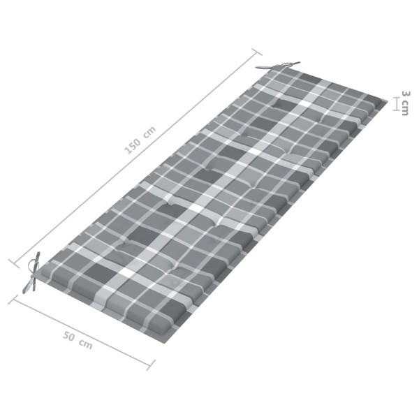 Banco Batavia madera maciza teca y cojín a cuadros gris 150 cm