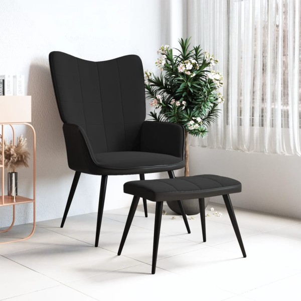 Silla de relajación con reposapiés terciopelo y PVC negro