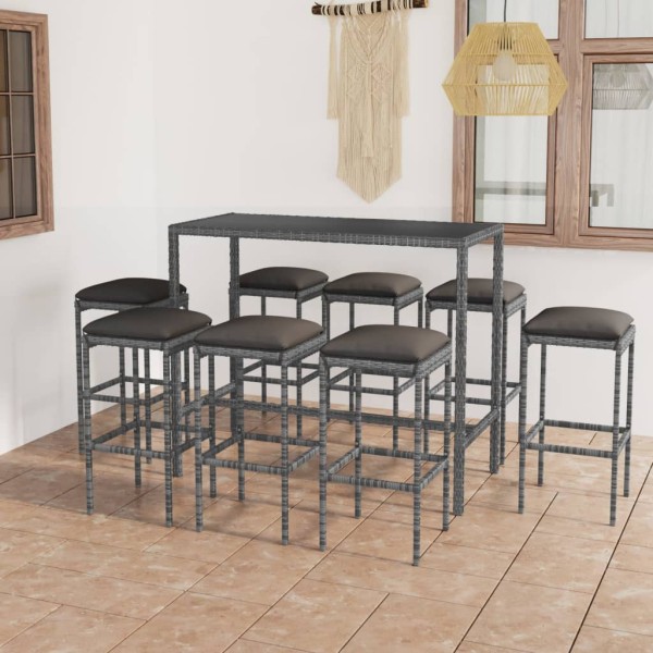 Set muebles bar jardín 9 piezas y cojines ratán sintético gris