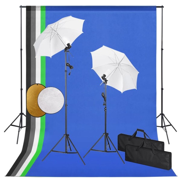 Kit estudio fotográfico lámparas, sombrillas, fondo y reflector